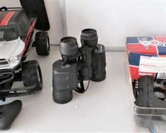 REMOTE TOY CAR, FIELD GLASSES, BB HAND GUN WITH BBs