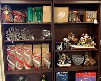 Christmas vases, some Christmas decorations and bookcases