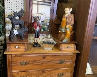 Beautiful antique dresser with mirror, stacking dogs, and thinking Elf!  
