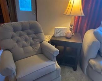 Light Blue Side Chair (very nice condition), Wooden traditional Side Table, lamp and décor