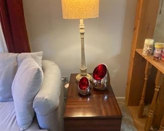 Very nice wooden side table with storage shelf, Table Lamp, Interesting Reflective Candle Holders