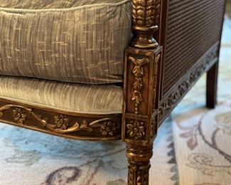 Carved-Wood Cane Arm Chair with Scalamandre Velvet Upholstered cushions. Measures 33" W x 44" D. Photo 3 of 4.