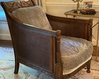 Carved-Wood Cane Arm Chair with Scalamandre Velvet Upholstered cushions. Measures 33" W x 44" D. Photo 4 of 4.