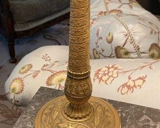 Pair of Gilt Bronze Empire Candlesticks Wired as Table Lamps. Measures 32" H x 12" D Shade. Photo 3 of 4.