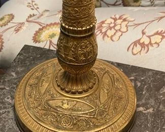 Pair of Gilt Bronze Empire Candlesticks Wired as Table Lamps. Measures 32" H x 12" D Shade. Photo 4 of 4.