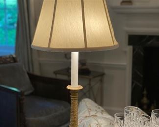 Pair of Gilt Bronze Empire Candlesticks Wired as Table Lamps. Measures 32" H x 12" D Shade. Photo 1 of 4.