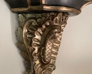 Pair of Dennis & Leen Florentine Brackets. Each Measures 19" W x 10" D x 19" H. Shown with Pair of Holly Hunt Blanc De China Plates with Stands. Photo 2 of 2.