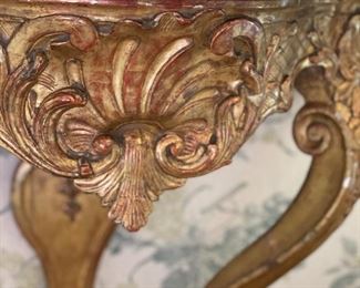 Marble & Gilt Wood Antique Demi-Lune Table - 2 Available. Each Measures 32" W x 19" D x 32" H. Photo 3 of 3.