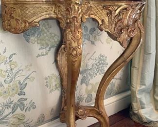 Marble & Gilt Wood Antique Demi-Lune Table - 2 Available. Each Measures 32" W x 19" D x 32" H. Photo 1 of 3.