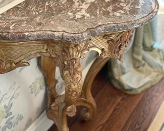 Marble & Gilt Wood Antique Demi-Lune Table - 2 Available. Each Measures 32" W x 19" D x 32" H. Photo 2 of 3.