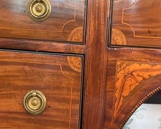 Antique English George III Inlaid Mahogany Serpentine Front Sideboard with Brass Rail. Circa 1790. Straight Tapered Legs Ending in Spade Feet. Photo 2 of 6.