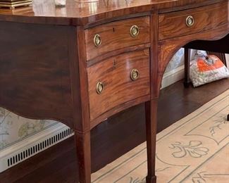 Antique English George III Inlaid Mahogany Serpentine Front Sideboard with Brass Rail. Circa 1790. Straight Tapered Legs Ending in Spade Feet. Photo 3 of 6.