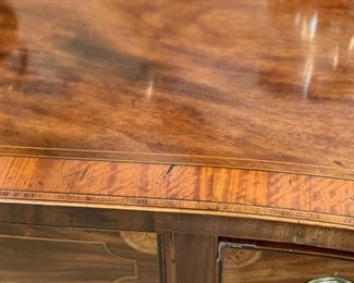Antique English George III Inlaid Mahogany Serpentine Front Sideboard with Brass Rail. Circa 1790. Straight Tapered Legs Ending in Spade Feet. Photo 4 of 6.