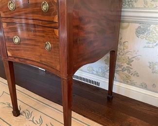 Antique English George III Inlaid Mahogany Serpentine Front Sideboard with Brass Rail. Circa 1790. Straight Tapered Legs Ending in Spade Feet. Photo 5 of 6.