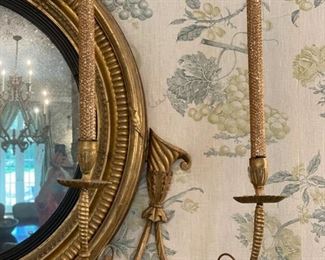 Regency Period Convex Mirror. Flanked by Gilt Wood Girandole Arms. Apron is Flanked by Florettes. English Circa 1820. Measures 40" W x 48" H. Photo 3 of 5.