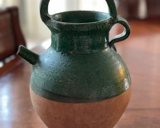 19th Century French Green Glazed Confit Pot. Measures 10" H.