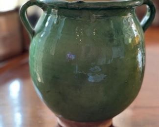 19th Century French Green Glazed Confit Pot. Measures 10" H.