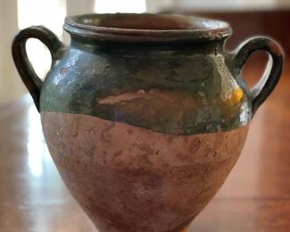19th Century French Green Glazed Confit Pot. Measures 10" H.