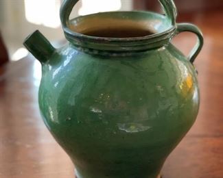 19th Century French Green Glazed Pitcher. Measures 12" H x 9" W.