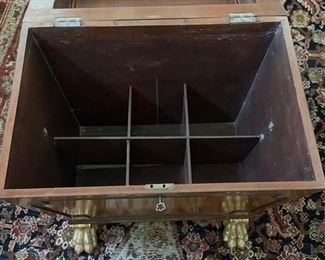 Antique Regency Satinwood Cellarette with Gilt-Wood Paw Feet. Circa 1820. Measures 26" W x 19" D x 22" H. Photo 4 of 6.