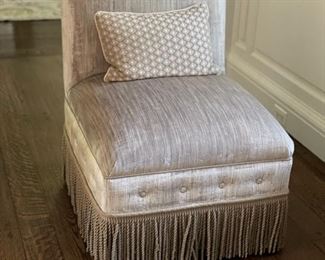 Pair of Slipper Chairs in Scalamandre "Strie Velvet" with Theodore Merwitz French Hand-Woven Fringe. Each measures 22" W x 27" D. Photo 1 of 3.