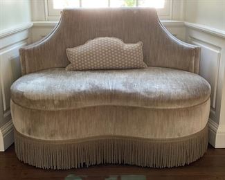 Al Vivo Settee Upholstered in Scalamandre "Strie Velvet" with Theodore Merwitz French Hand-Woven Fringe. Measures 54" W x 30" D. Photo 1 of 3.