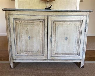 Antique French Provincial Cabinet with Fleur De Lis Stencil on Front. Measures 51" W x 27" D x 37" H. Photo 1 of 4.