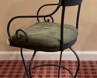 Set of 2 Martin Wood Swivel Bar Stools with Arms Upholstered in Lee Jofa "Ultra Suede/Green." Each Measures 22" W x 20" D x 45.5" H. Seat Height: 31" H. Photo 2 of 2.