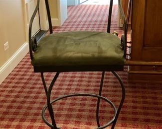 Set of 2 Martin Wood Swivel Bar Stools with Arms Upholstered in Lee Jofa "Ultra Suede/Green." Each Measures 22" W x 20" D x 45.5" H. Seat Height: 31" H. Photo 1 of 2.