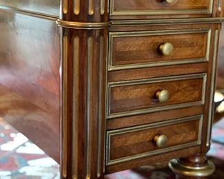 Empire French Mahogany Desk with Brass Mounts Stamped: J.T.Needs, 100 New Bond Street, London. & Late J. Bramah, 186 Piccadilly. Leather Topped with Brass Trim. Measures 60" W x 34" D x 31" H with 25" Clearance. Circa 1840. Photo 3 of 8.