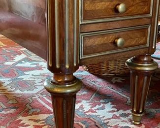 Empire French Mahogany Desk with Brass Mounts Stamped: J.T.Needs, 100 New Bond Street, London. & Late J. Bramah, 186 Piccadilly. Leather Topped with Brass Trim. Measures 60" W x 34" D x 31" H with 25" Clearance. Circa 1840. Photo 4 of 8.