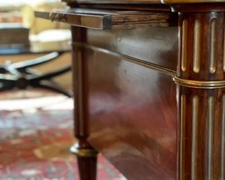 Empire French Mahogany Desk with Brass Mounts Stamped: J.T.Needs, 100 New Bond Street, London. & Late J. Bramah, 186 Piccadilly. Leather Topped with Brass Trim. Measures 60" W x 34" D x 31" H with 25" Clearance. Circa 1840. Photo 5 of 8.