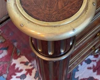 Empire French Mahogany Desk with Brass Mounts Stamped: J.T.Needs, 100 New Bond Street, London. & Late J. Bramah, 186 Piccadilly. Leather Topped with Brass Trim. Measures 60" W x 34" D x 31" H with 25" Clearance. Circa 1840. Photo 6 of 8.