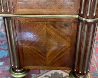 Empire French Mahogany Desk with Brass Mounts Stamped: J.T.Needs, 100 New Bond Street, London. & Late J. Bramah, 186 Piccadilly. Leather Topped with Brass Trim. Measures 60" W x 34" D x 31" H with 25" Clearance. Circa 1840. Photo 8 of 8.