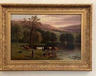 "Cows in Landscape with Figures" J.D. Morris. Oil on canvas. Measures 20" x 29 1/2". Photo 1 of 3.