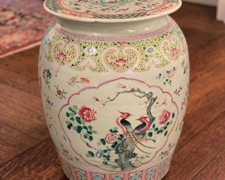 19th Century Famille Rose Chinese Garden Stool with Lip. Measures 13" D. Photo 1 of 2.