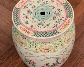 19th Century Famille Rose Chinese Garden Stool with Lip. Measures 13" D. Photo 2 of 2.