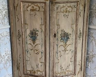 Antique Hand-Painted Corner Cabinet. Measures 20" D x 33" H.