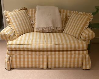 Loveseat Upholstered in Yellow Buffalo Plaid Fabric.