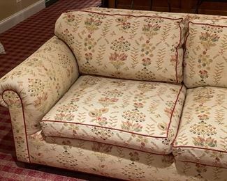 Al Vivo 3-Seat Sofa Upholstered in Lee Jofa Fabric with Hinson Garett red leather trim. Measures 108" W x 40" D. Photo 4 of 4.