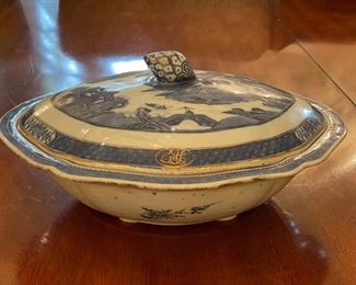 Antique Asian Oval Bowl with Lid. Measures 12" x 10". Photo 1 of 3.
