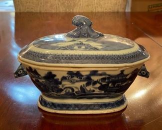 Antique mini Flow Blue Covered Oval Bowl. Measures 7" x 5". Photo 1 of 2.