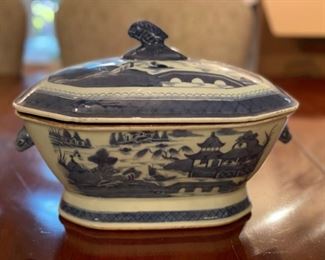 Antique Flow Blue Covered Dish. Measures 12" W x 9" D x 8" H. Photo 1 of 5.
