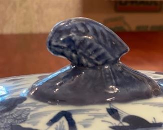 Antique Flow Blue Covered Dish. Measures 12" W x 9" D x 8" H. Photo 2 of 5.