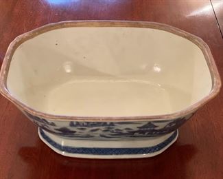 Antique Flow Blue Covered Dish. Measures 12" W x 9" D x 8" H. Photo 4 of 5.