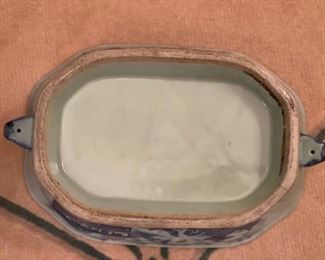 Antique Flow Blue Covered Dish. Measures 12" W x 9" D x 8" H. Photo 5 of 5.