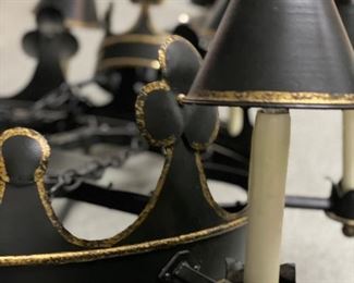 Niermann Weeks Gothic Tole 8-Arm Ebony Metal Chandelier with Gold-Leaf Trim. Measures approximately 42"H x 36"D. Photo 2 of 3.