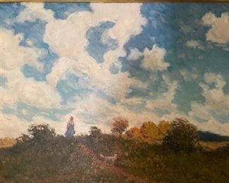 Girl with Her Dog. Emil Biorn (1864 - 1934). Oil on Canvas. Canvas measures 36" W x 28"H. Circa 1920. Photo 2 of 4.