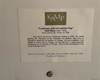 Girl with Her Dog. Emil Biorn (1864 - 1934). Oil on Canvas. Canvas measures 36" W x 28"H. Circa 1920. Photo 4 of 4.