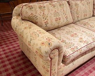 Al Vivo 3-Seat Sofa Upholstered in Lee Jofa Fabric with Hinson Garett red leather trim. Measures 108" W x 40" D. Photo 2 of 4.